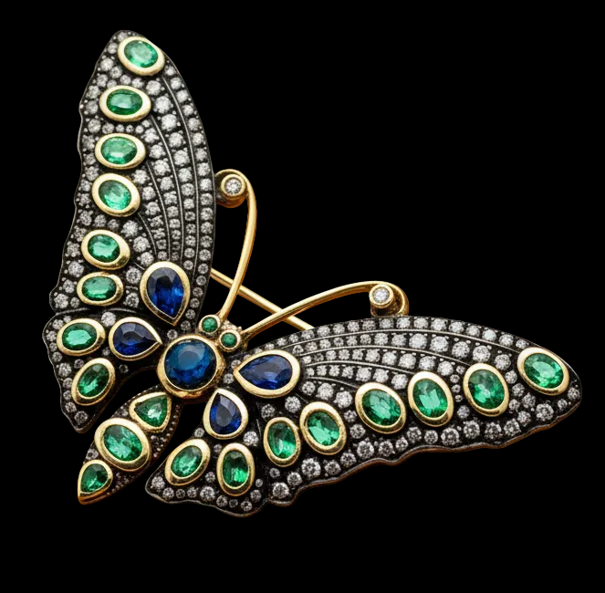 Estate Sapphire Emerald Diamond 14K Yellow Gold Silver Top Butterfly Brooch/Pendant 15337