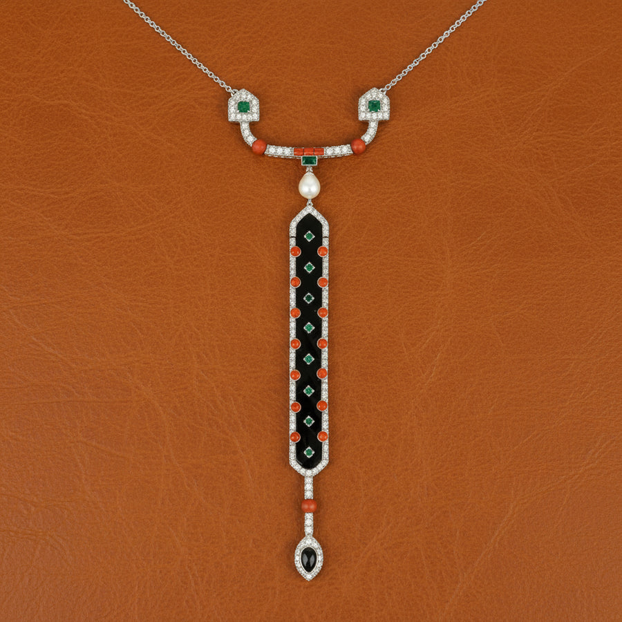 Diamond, Coral, Emerald, Pearl and Onyx 18K White Gold Necklace