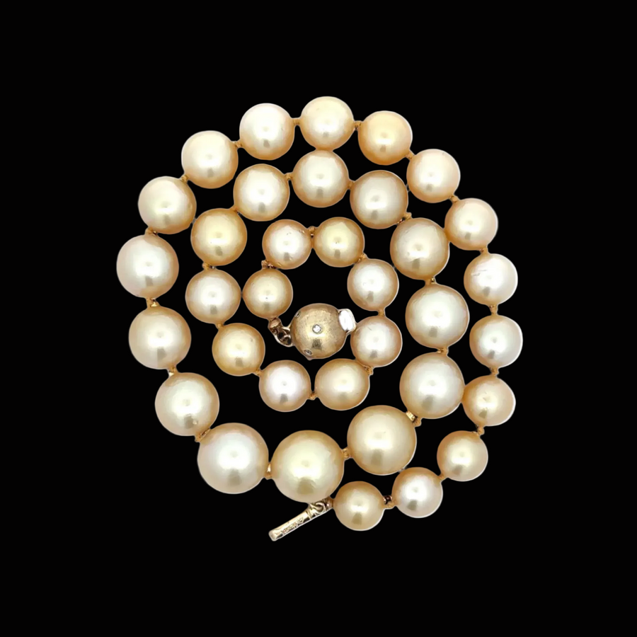 Golden South Sea Pearls 9 x 13mm 14k Yellow Gold Diamond Necklace