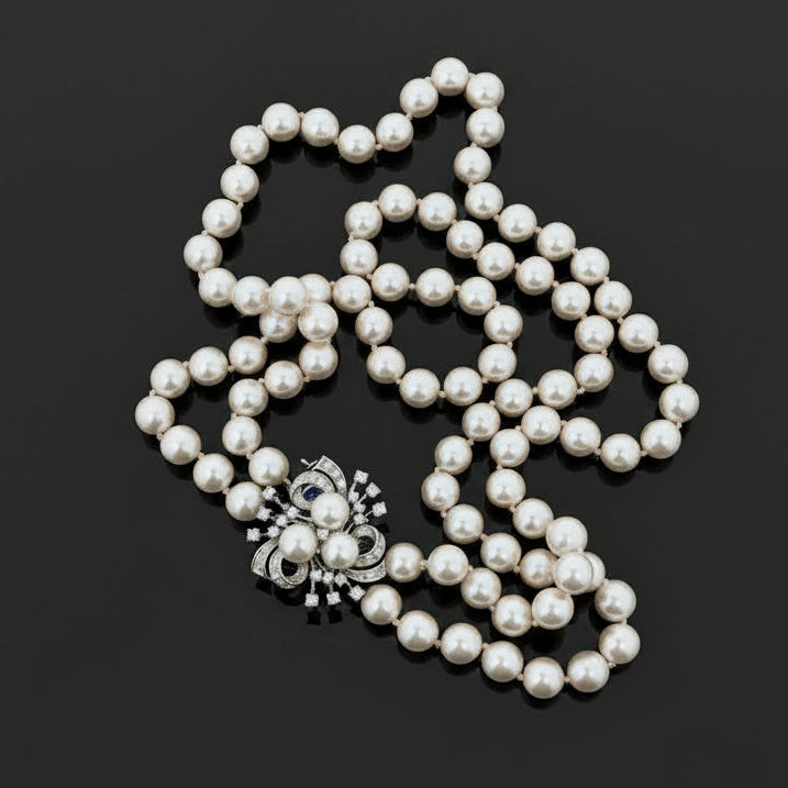 Vintage 1940's 7.5mm Japanese Akoya Cultured Pearl and Diamond 14K White Gold Necklace