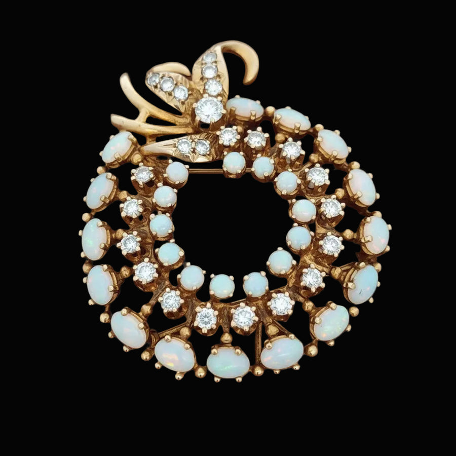 Vintage Opal and Diamond Wreath 14K Yellow Gold Pendant/Brooch