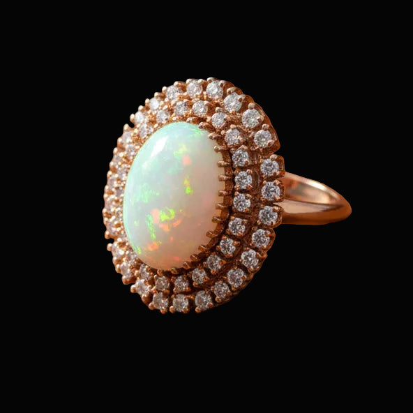 Vintage 1980's Opal and Diamond 14K Yellow Gold Ring