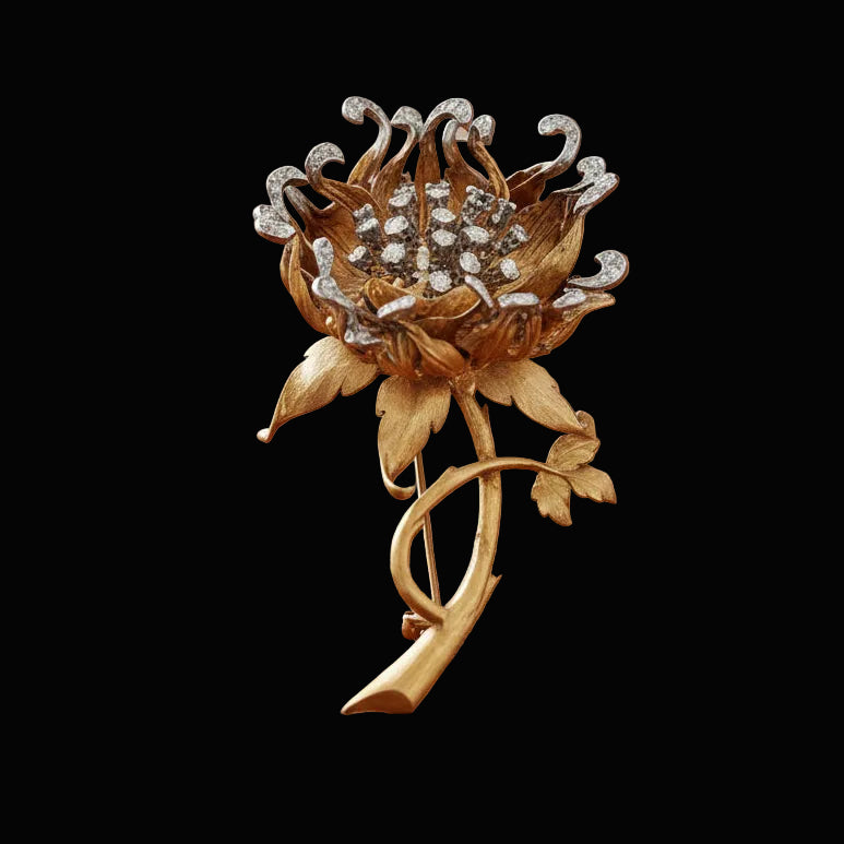 Vintage Italian "En Tremblant" Moving Petals Diamond and 14k/18k Yellow/White Gold Flower Brooch