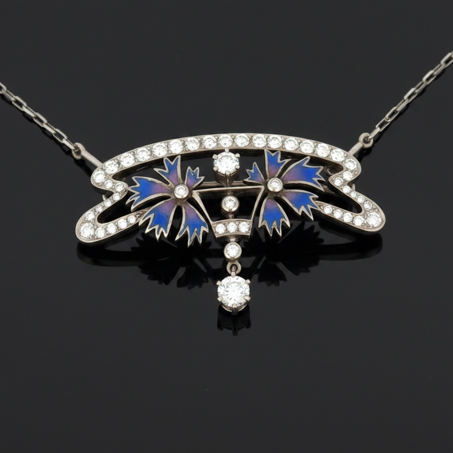 Nouveau 1910 Company Diamond Purple & Blue Enamel (Plique-A-Jour) Limited Edition #5 of 101 Brooch/Necklace
