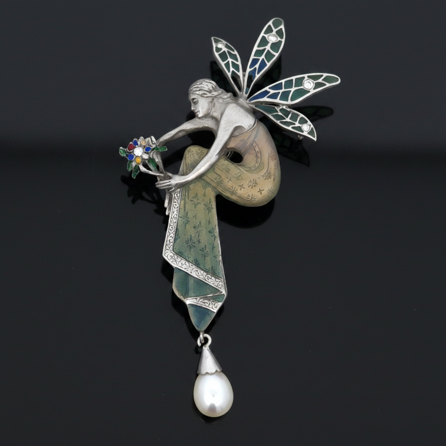 Nouveau 1910 Company Diamond & Enamel 18K White Gold Pendant/Brooch Limited Edition #8 of 90
