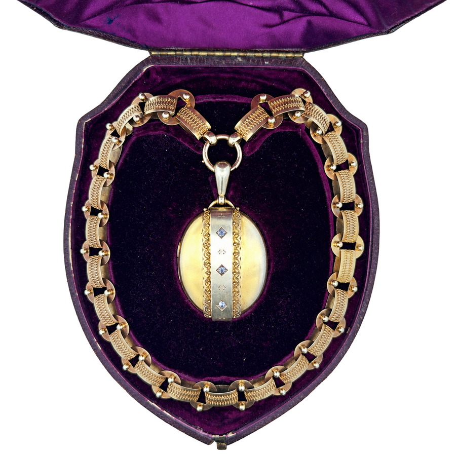 Victorian Estate By Watherston & Sons Of London Circa 1867 Rose Cut Diamonds and 18/21KT Yellow Gold Necklace & Locket In Original Box Circa 1867