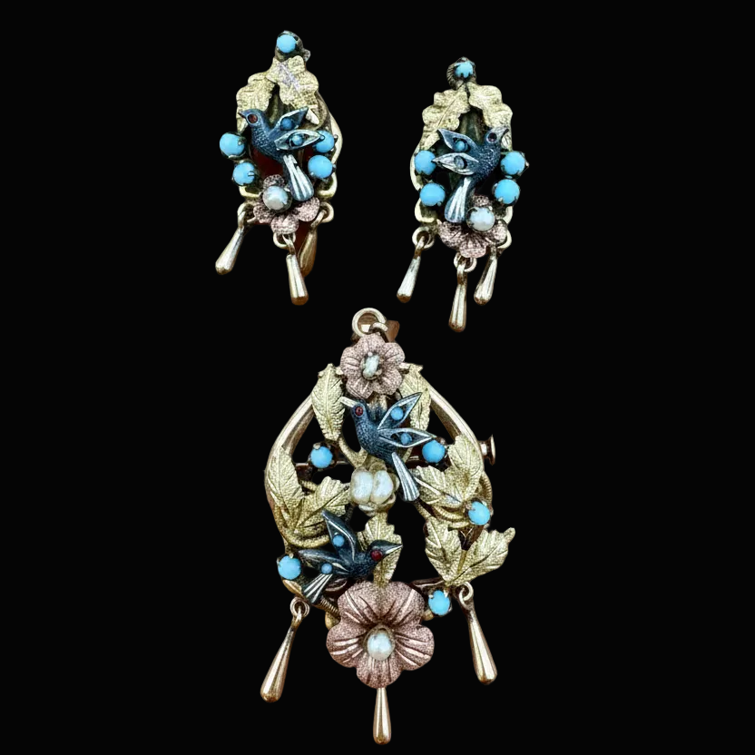 Victorian Revival Turquoise, Cultured Pearl 14K Yellow/Rose Gold and Pewter Pendant, Brooch and Earring Set