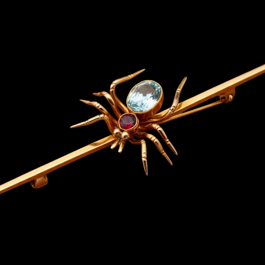 English Blue Topaz,Garnet Spider and 9K Yellow Gold Brooch