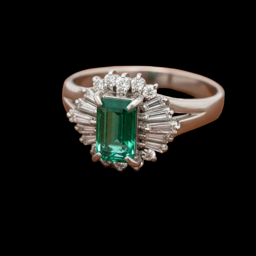 Emerald and Diamond Platinum Halo Ring