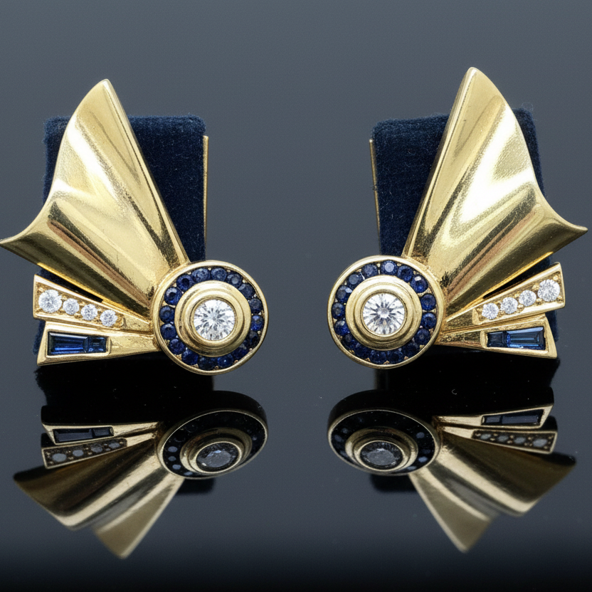 French Designer Retro Diamond and Sapphire Earrings
