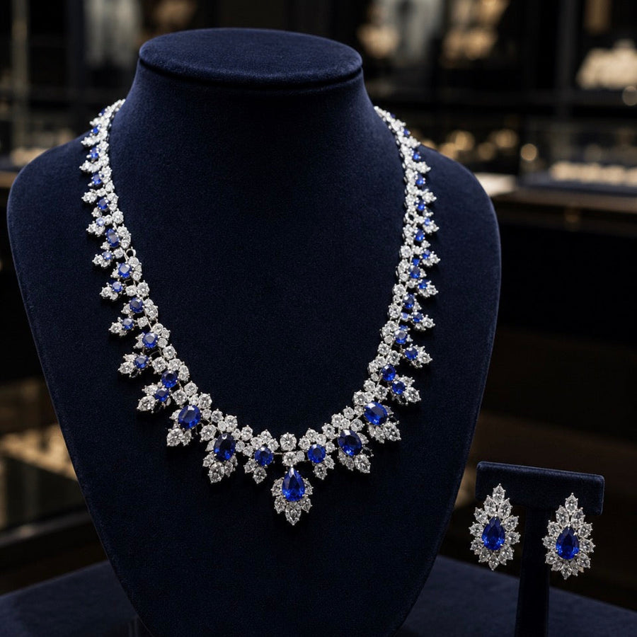 Harry Winston Ceylon Sapphire and Diamond Platinum Earring and Necklace Set ( Box & Papers)