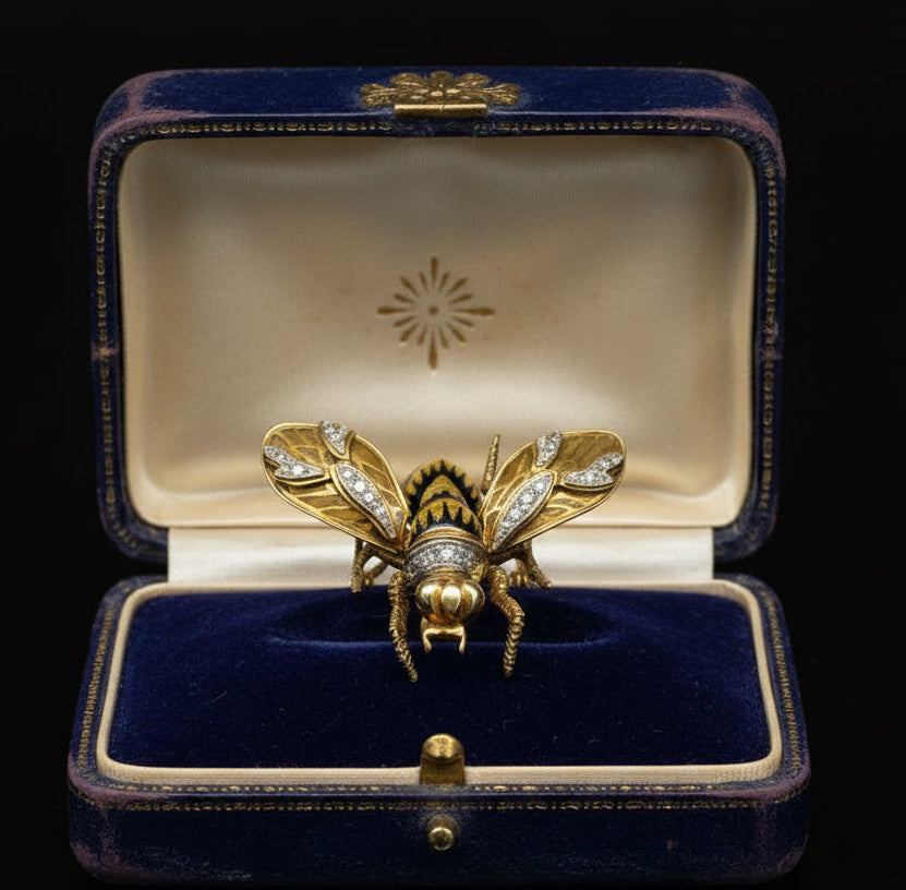 Black & Yellow Plique-A-Jour Enamel and Old European Cut Diamond 18K Yellow Gold Bee Brooch
