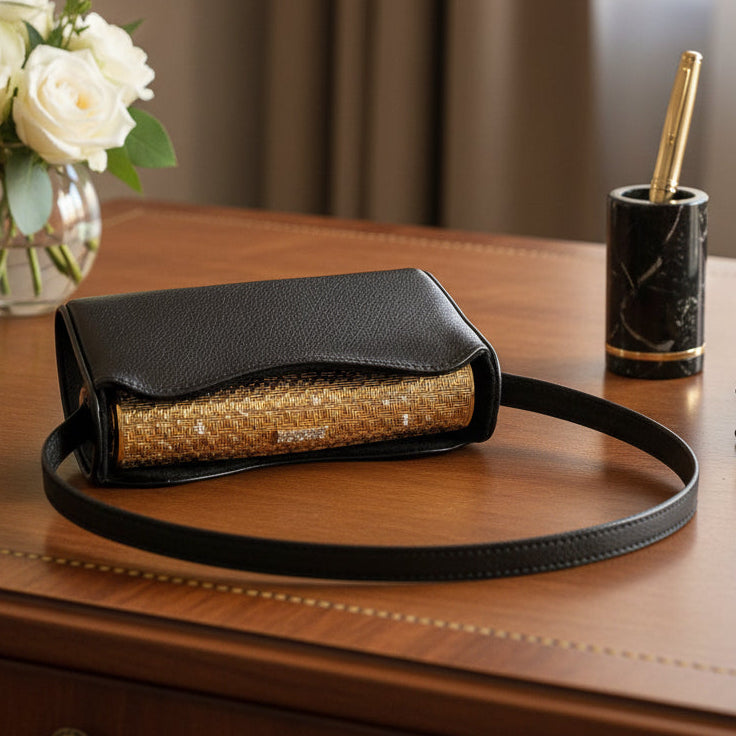 Italian 1960's Woven 18K Yellow Gold and Diamond Minaudiere/Evening Purse with Leather Outer Case