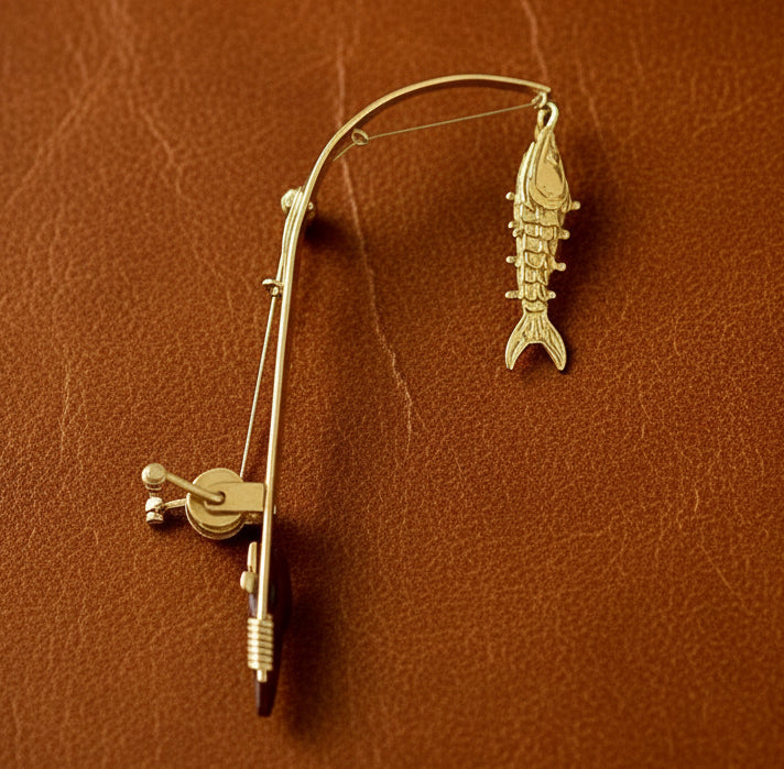 THe Wicked Tuna Fisherman Captain 14k Yellow Gold Articulating Fishing Pole and Reel Brooch