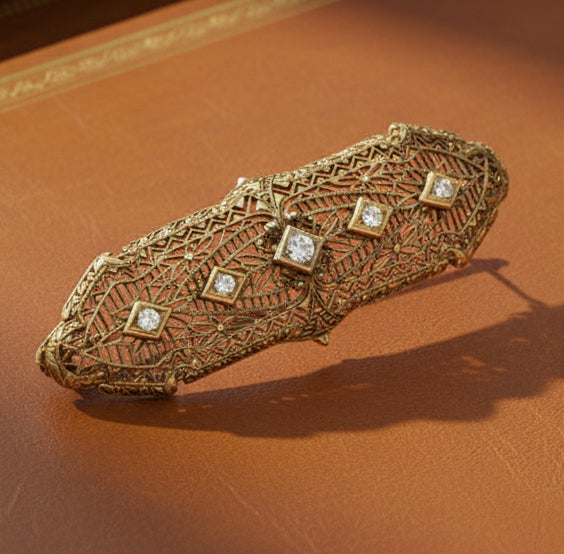 Art Deco 1920's Diamond 14k White Gold Filigree Brooch
