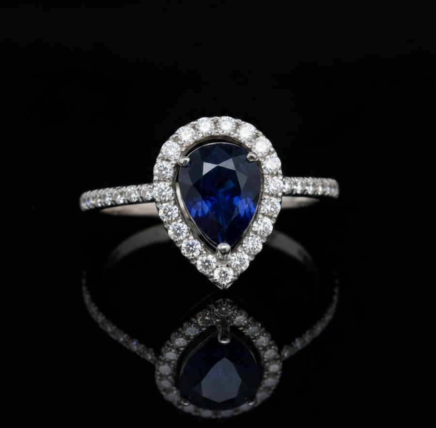 Sapphire and Diamond 14K White Gold Halo Ring