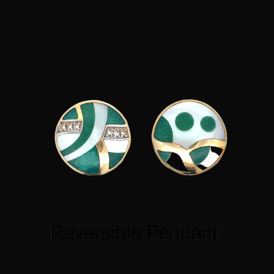 Designer Asch Grossbardt Diamond, Mother of Pearl, Malachite 14K Yellow/White Gold Pendant