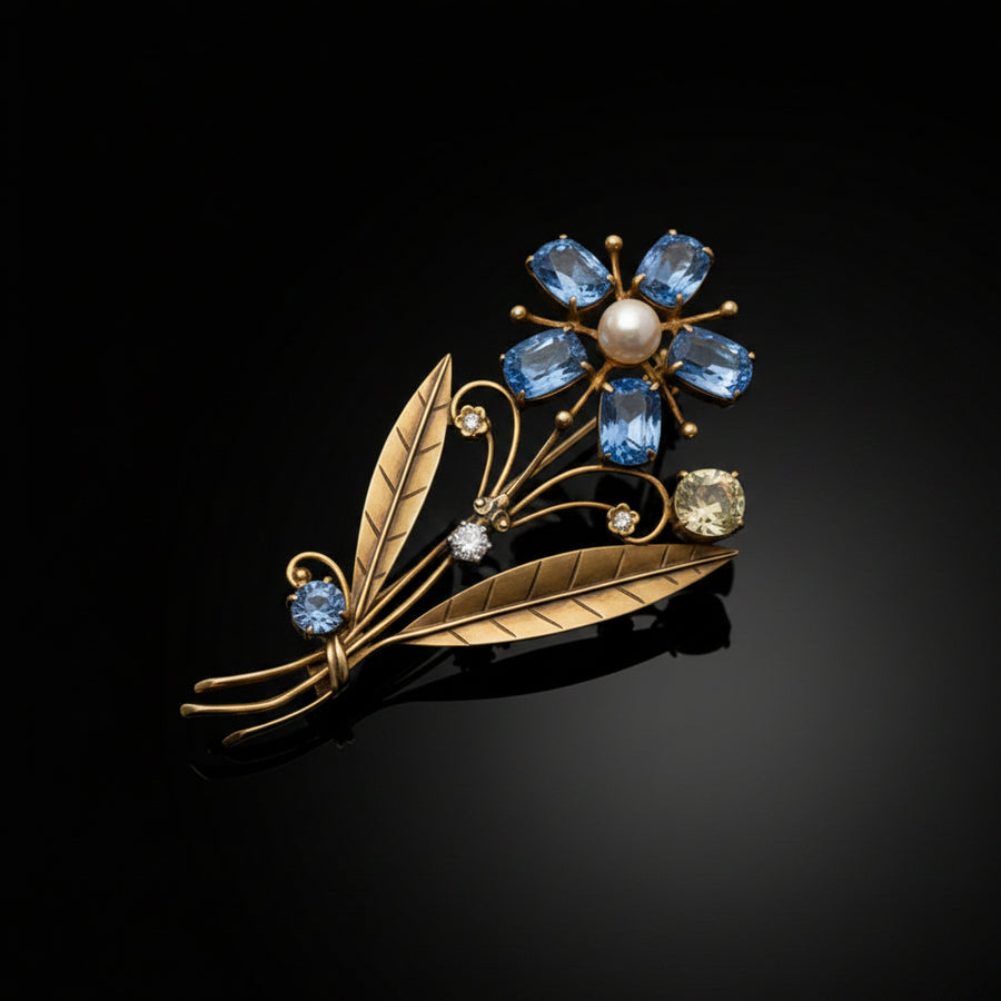 Estate Circa 1930 Tiffany & Co Blue and Yellow Sapphire, Diamond, Pearl Brooch