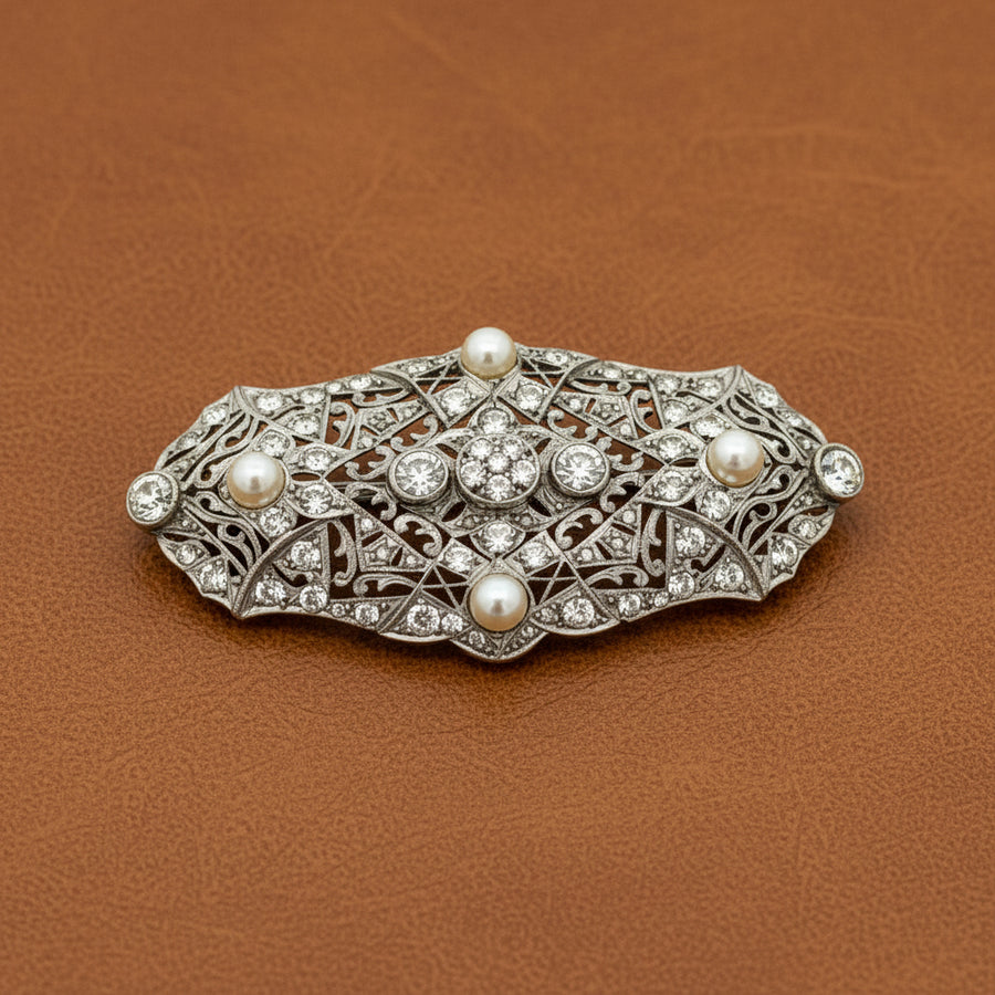 Art Deco Cultured Pearl and Diamond Platinum Brooch