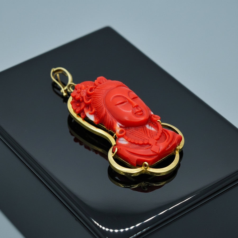 Modern Circa 1950's Carved Red Coral Pendant Mounted 10Kt Yellow Gold
