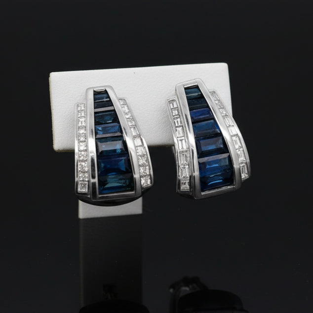 Italian Designer Marchisio French Cut Sapphire and Diamond 18K White Gold Earrings