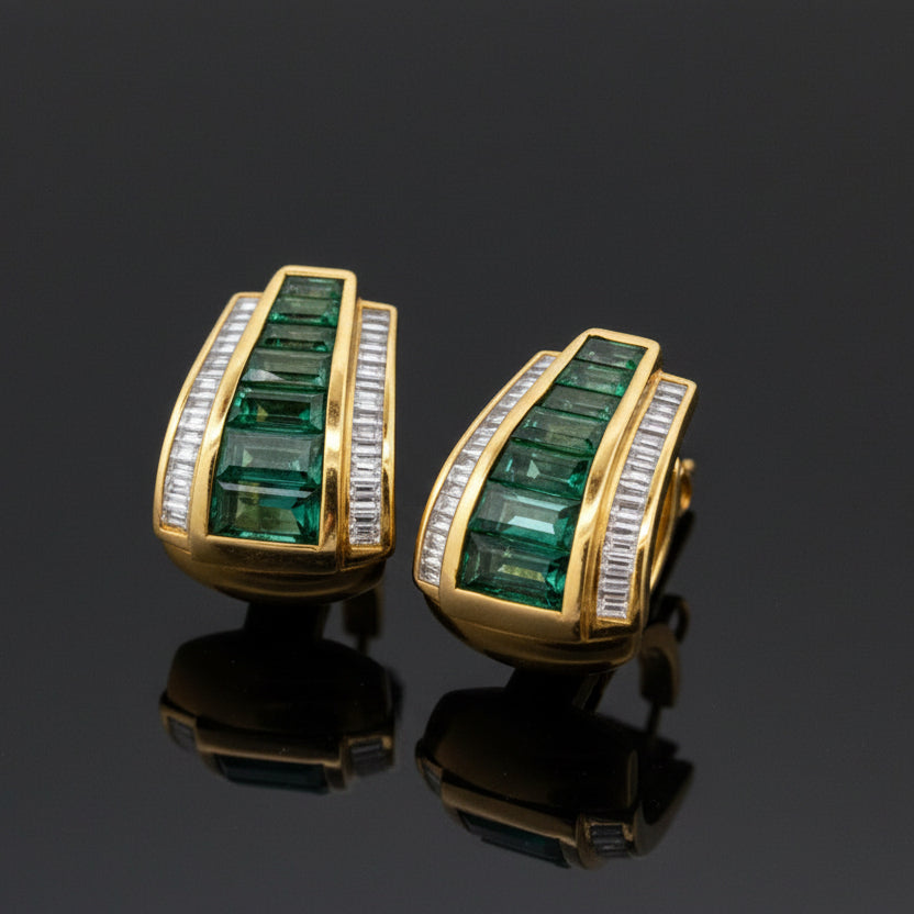 Italian Designer Marchisio French Cut Emerald and Diamond 14K Yellow Gold Earring