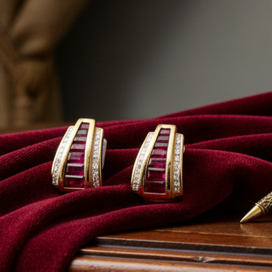 Italian Designer Marchisio French Cut Ruby and Diamond 18K Yellow Gold Earrings