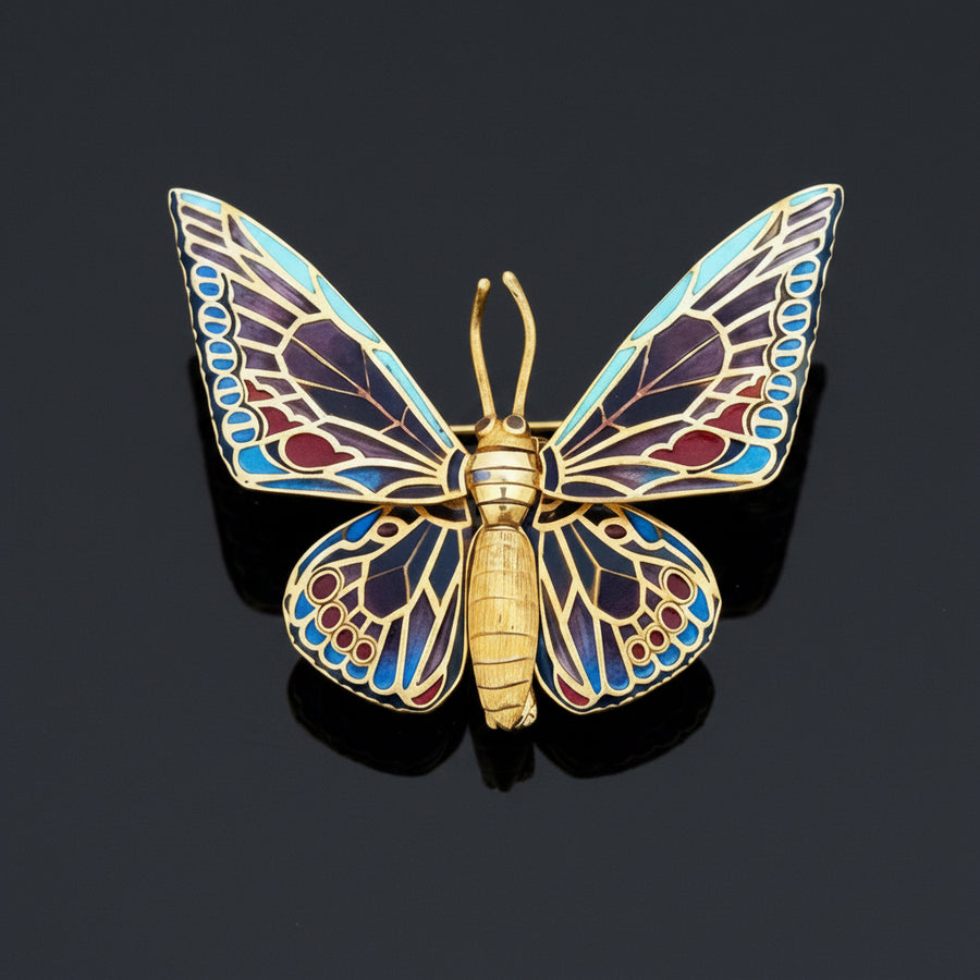 Mid Century 1950's "Plique A Jour" 18Kt Yellow Gold Articulating Wings Butterfly Brooch