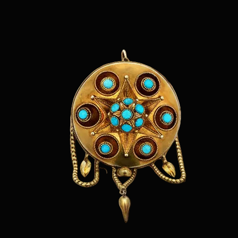 Victorian 1870's Turquoise and 14Kt Yellow Gold Pendant Brooch