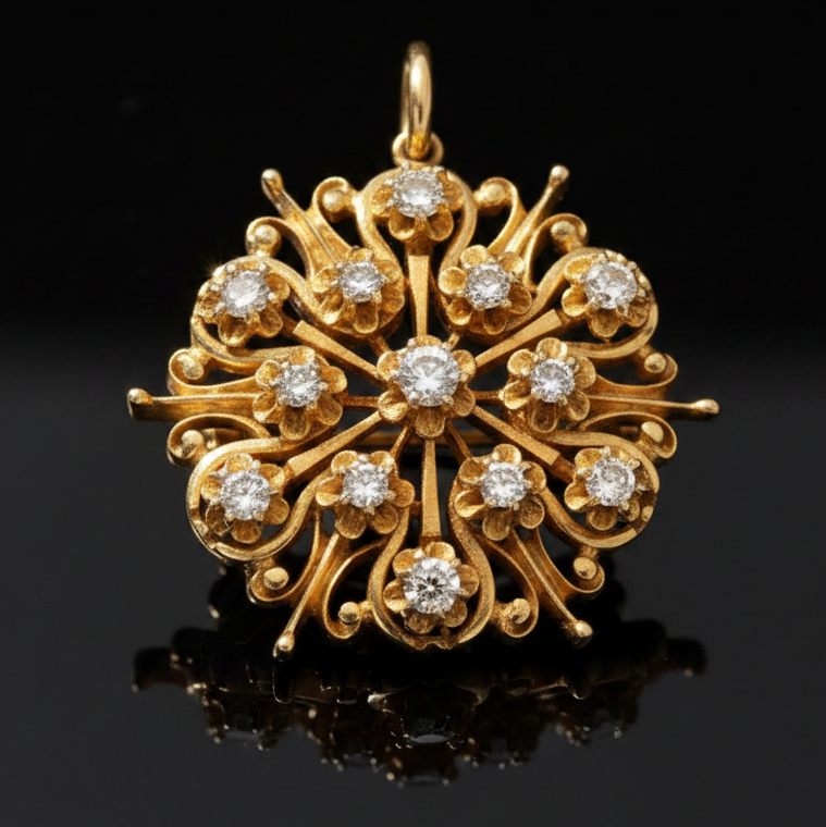 Mid Century Modern Old Mine Cut Diamond 14K Yellow Gold Brooch/Pendant
