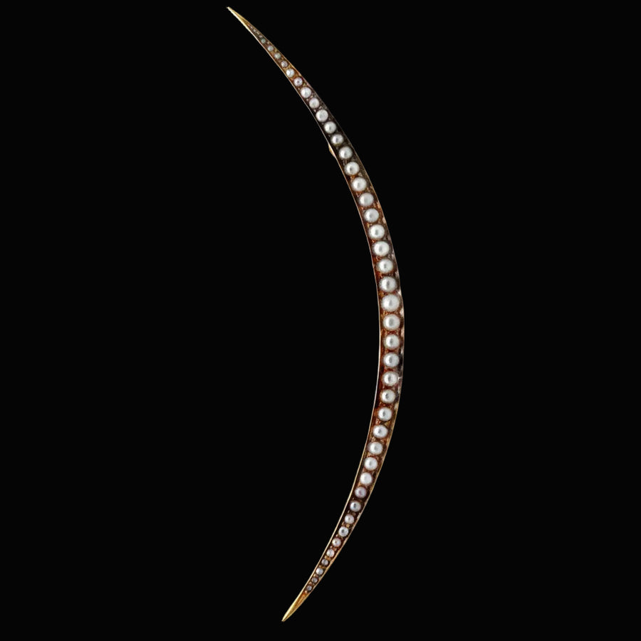 Victorian C. 1880 Natural Seed Pearl 14K Yelllow Gold Cresent Moon Brooch