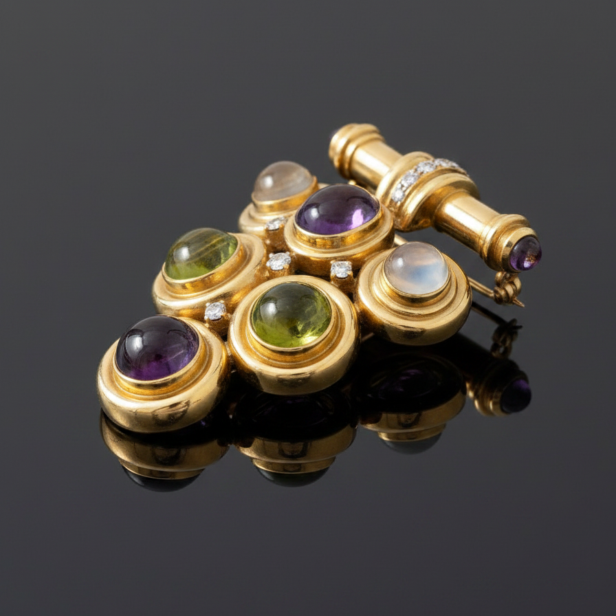 Italian Modern 1980's Geometric Diamond Amethyst, Peridot, Citrine 18k Yellow Gold Brooch