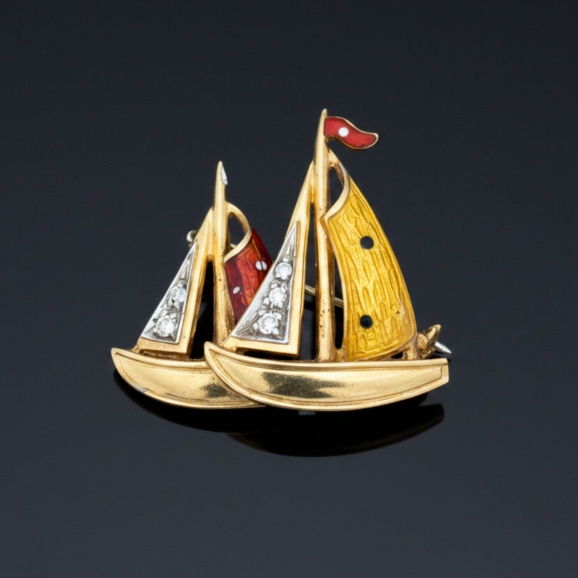 Estate Diamond and Enamel 18Kt Yellow/White Gold Sailboat Brooch