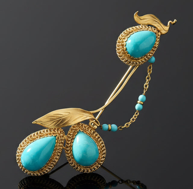 MidCentury Modern Turquoise 18K Yellow Gold Brooch