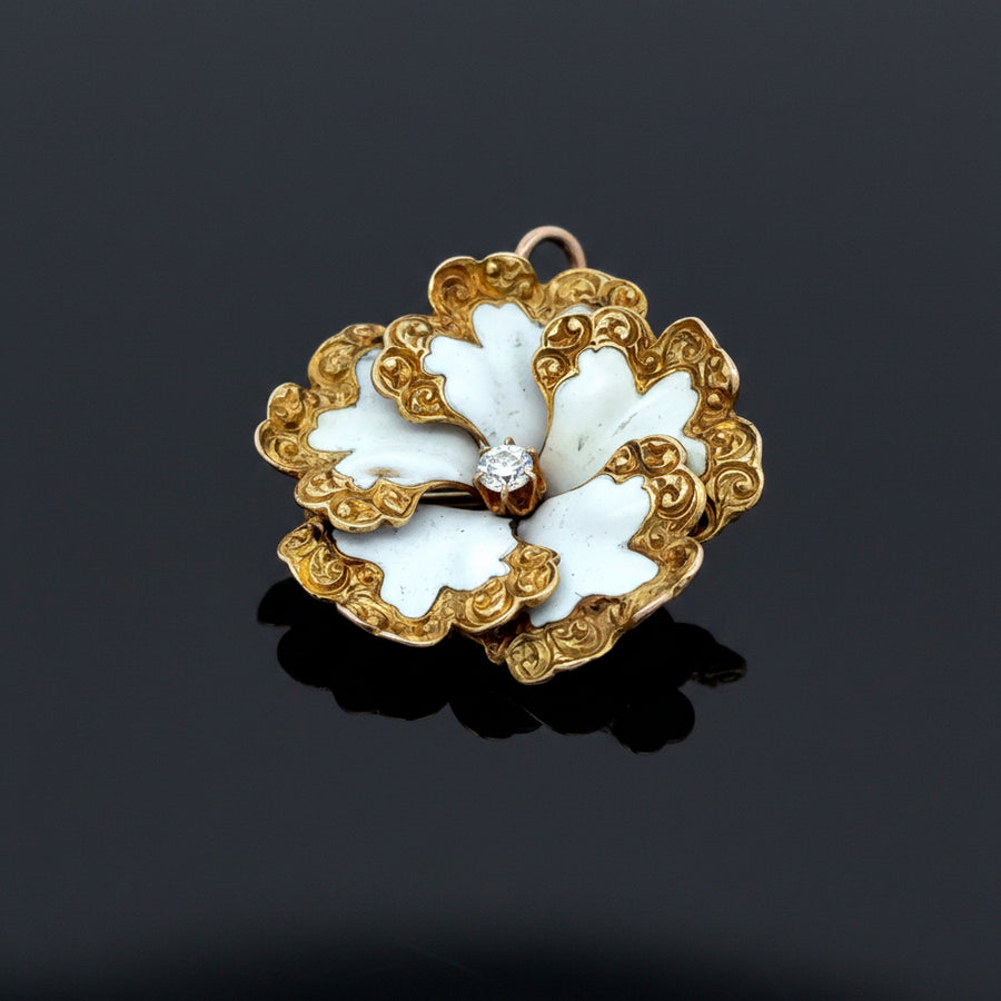 Edwardian 1905 14K Yellow Gold White Enamel and Diamond Pendant/Brooch