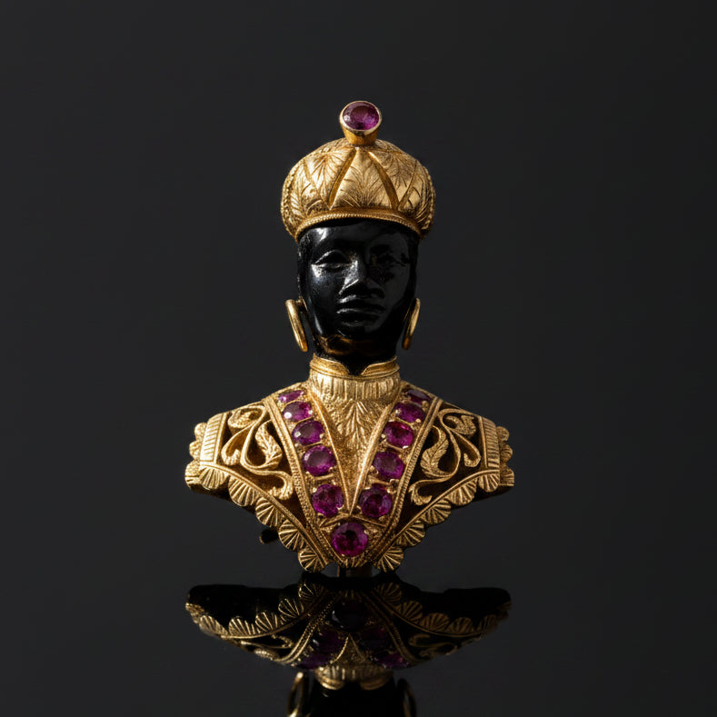 Venetian Naroi Italian Designer S. Naroi Blackamoor Ruby and 18K Yelow Gold Pendant/Brooch