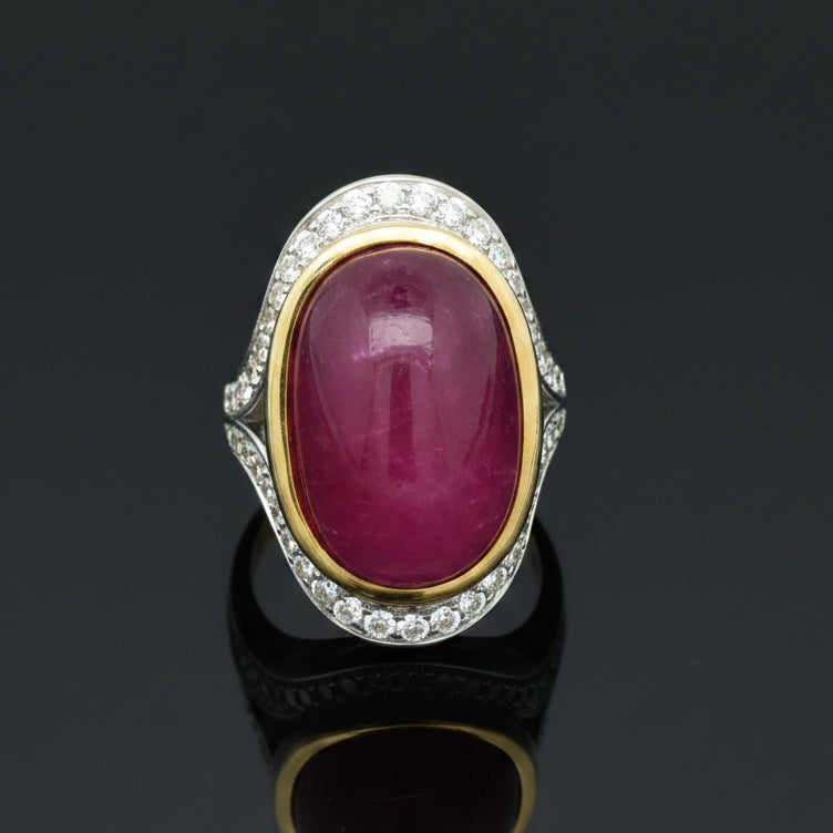 MidCentury Modern 27.36ct GIA Report No Heat Star Ruby and Diamond Platinum/18k Yellow Gold Ring