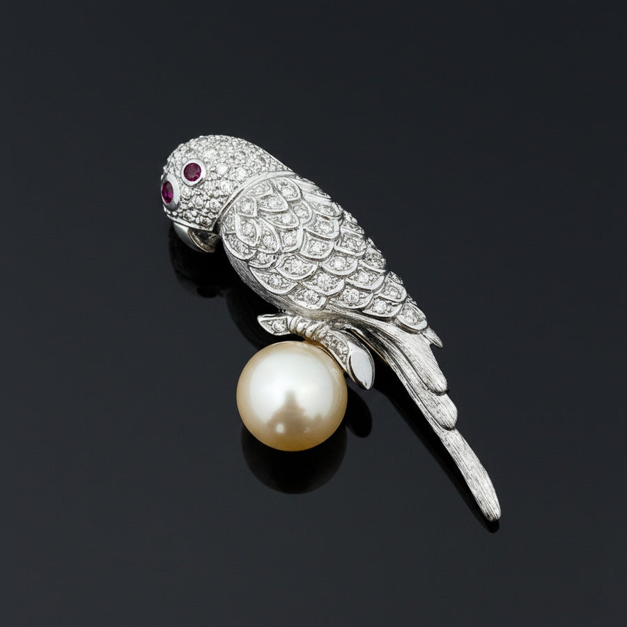 Modern Estate Diamond and South Sea Peal, Ruby 18Kt White Gold Parrot Brooch