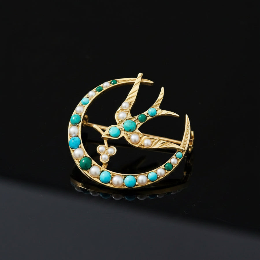 Victorian 14k Yellow Gold Crescent Moon & Swallow Brooch with Seed Pearls and Turquoise
