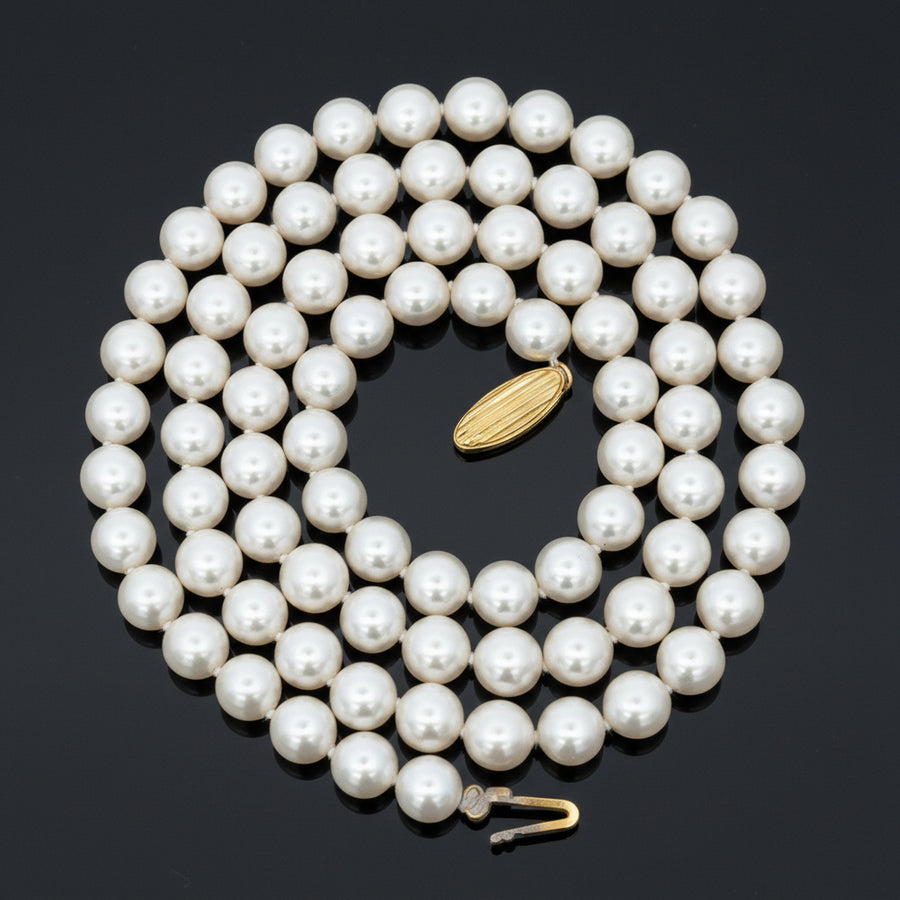Modern 6.50 x 7.00 mm Japanese Akoya Cultured Pearls 24" 14kt Yellow Gold Necklace