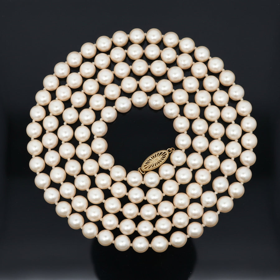 Modern 1990's Japanese Akoya Cultured Pearls 36" 14kt Yellow Gold Necklace