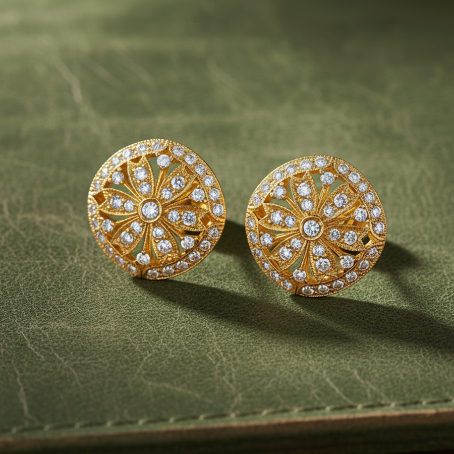 Modern Diamond Filigree 18Kt Yellow Gold Earrings