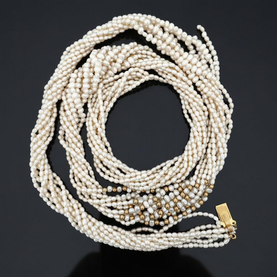 Modern Multi Strand Cultured & Freshwater Pearls 14kt Yellow Gold Necklace