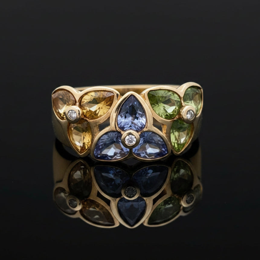 Modern Designer JCR Citrine, Peridot, Tanzanite and Diamond 14Kt Yellow Gold Ring.