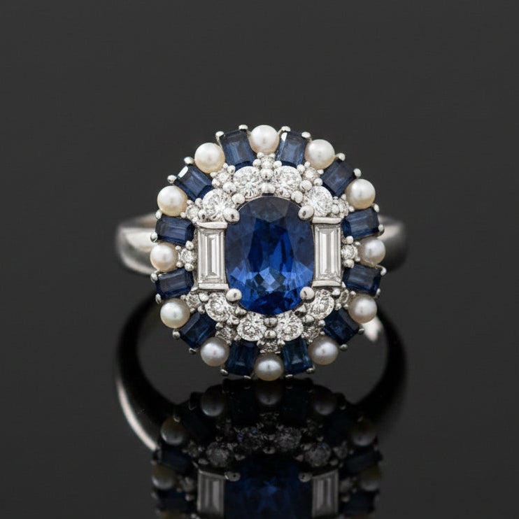 Modern Designer Fine 2.59cttw Sapphire, Diamond, Pearl 18Kt White Gold Ring