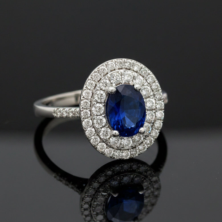 Modern Fine Sapphire and Diamond 14Kt White Gold Ring