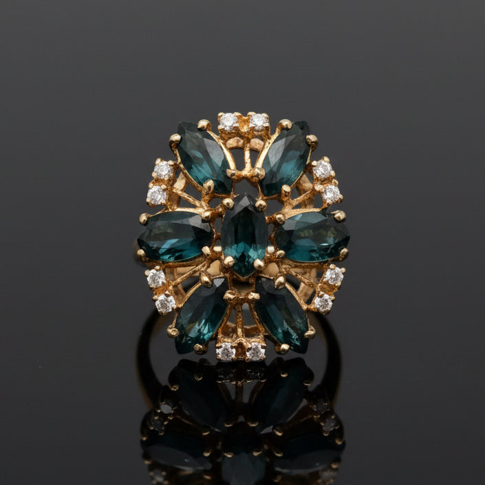 Modern Blue Sapphire And Diamond 14kt Yellow Gold Cluster Ring