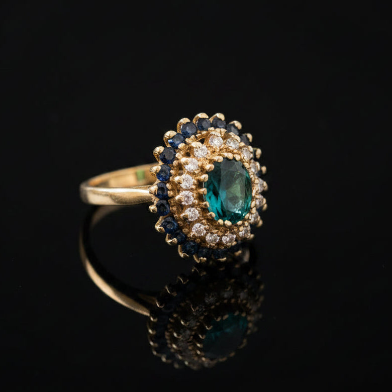 Modern 1990's Sapphire and Diamond 14K Yellow Gold Ring