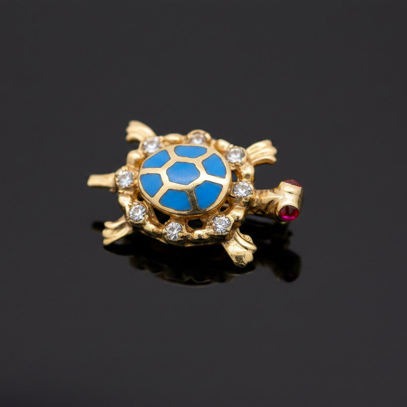Modern Enamel, Garnet, and Diamond 14kt Yellow Gold Turtle Pendant