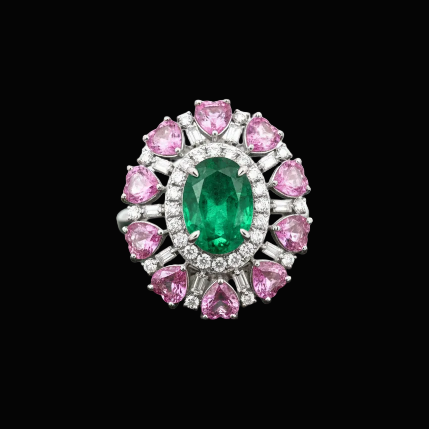 Modern Emerald, Pink, Sapphire, Diamond 18Kt White Gold Ring
